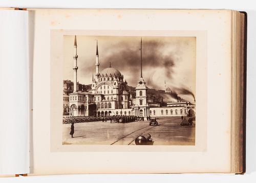 View of the Nusretiye Camii [Victory Mosque] (also known as the Tophane Mosque) with soldiers, artillery and rails in the foreground and a military building in the right background, Constantinople (now Istanbul), Ottoman Empire (now in Turkey)