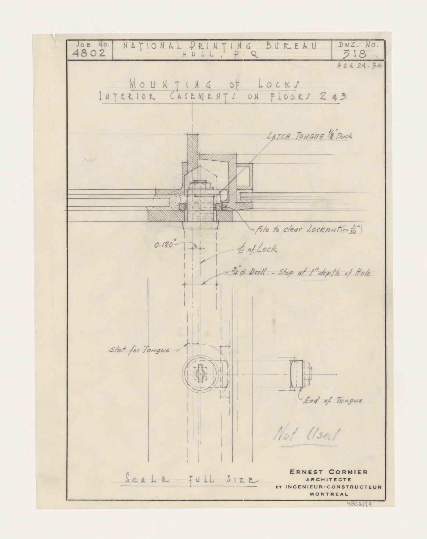 Détails du montage des serrures pour les châssis intérieurs sur les étages 2 et 3, Imprimerie Nationale du Canada, Hull, Québec, Canada