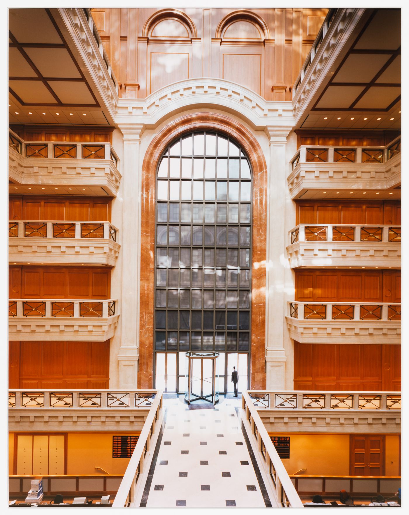 View of entrance from across banking hall bridge, M Bank, Momentum Place (now Bank One, Texas), Dallas, Texas