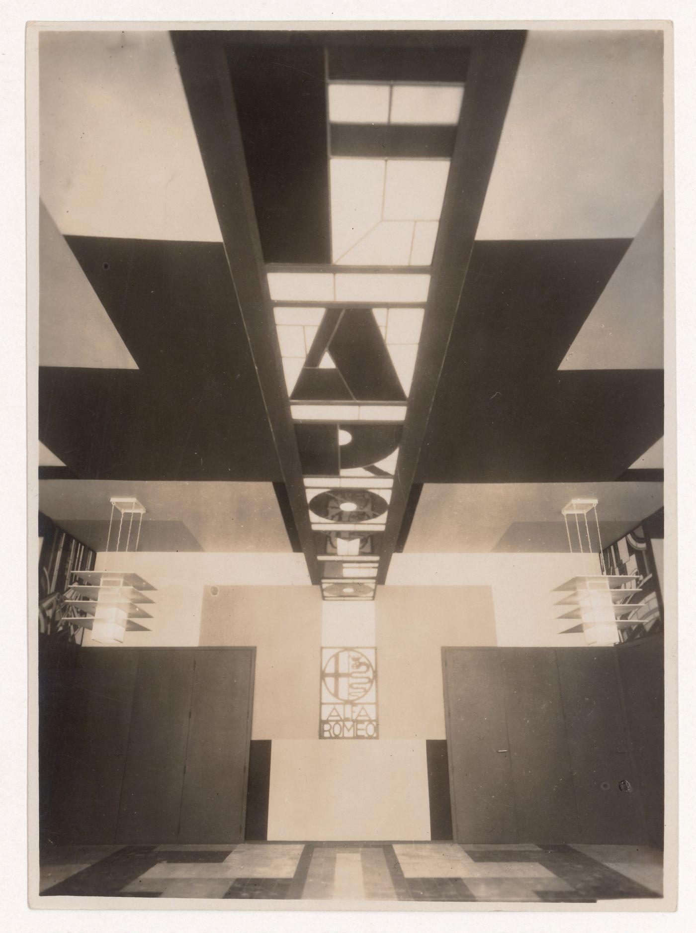 View of exhibition room, showing interior ceiling, Alfa Romeo Garage, Marbeuf road, 8th arrondissement, Paris, France