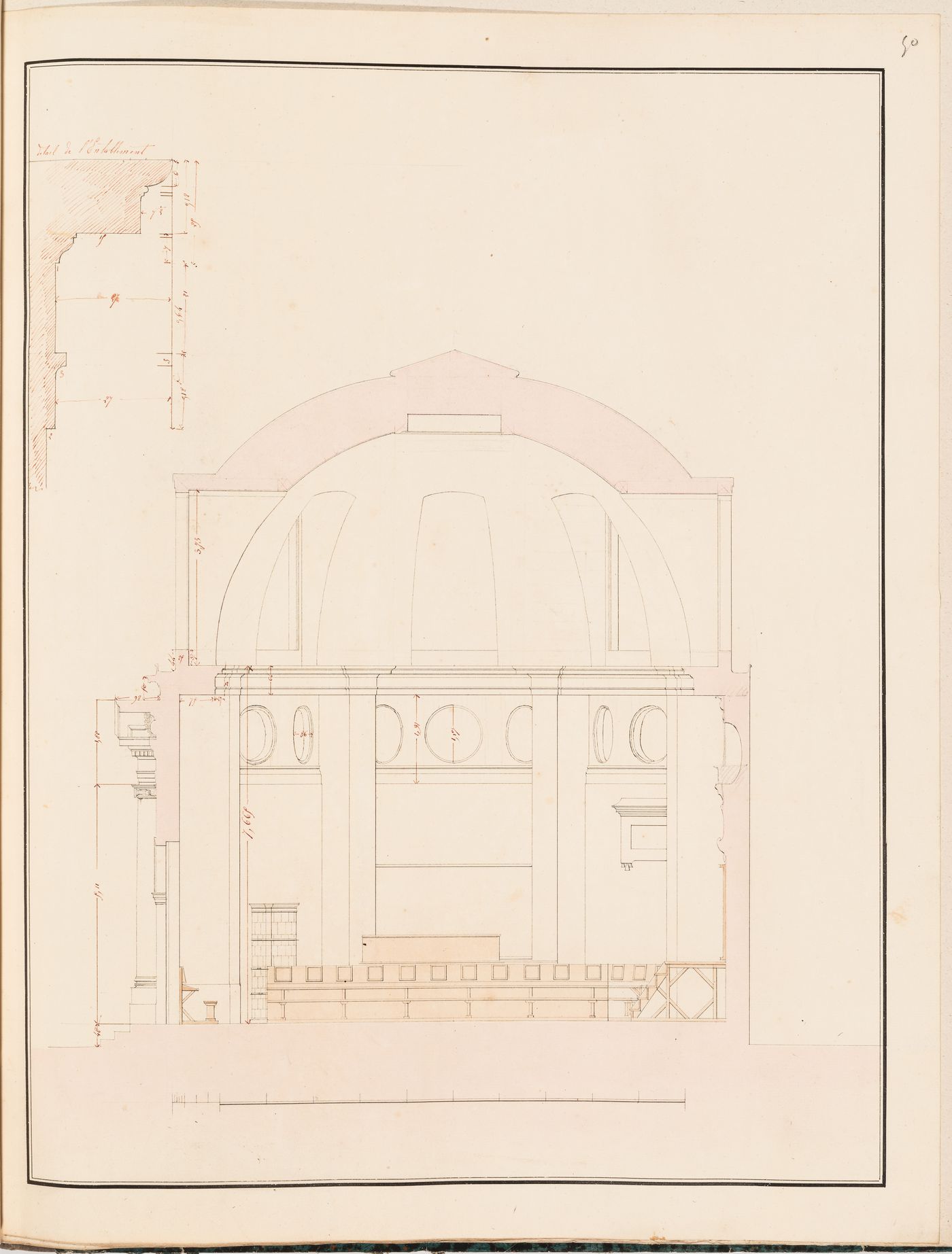 Project for the redevelopment of the École de médecine and surrounding area, Paris: Section for the ampitheatre, and detail for the entablature for the École royale gratuite de dessin