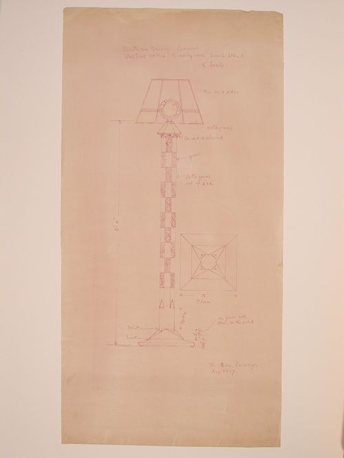 Elevation and plan for a lamp stand for the model drawing room, Electric House, Battersea Borough