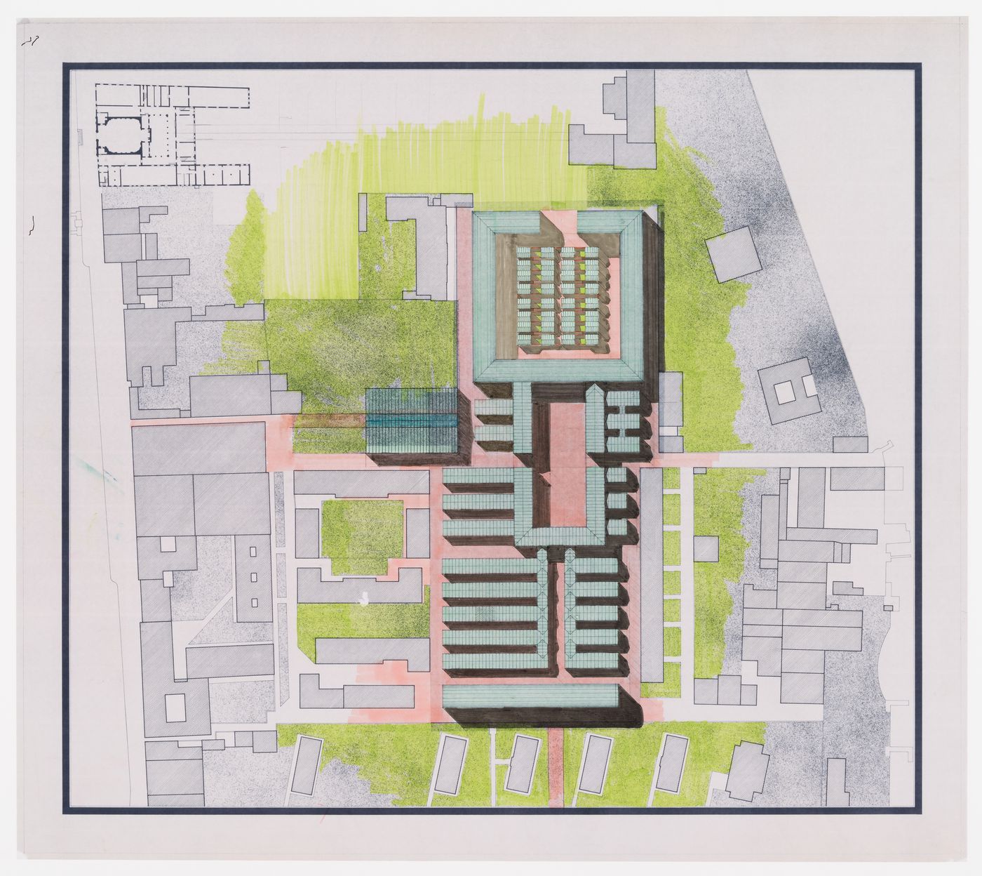 Project for redevelopment of the Campo di Marte area of La Giudecca, Venice, Italy: roof plan with shadows