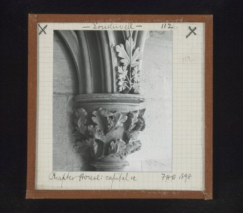 View of capital with leaf carving on the abacus at Chapter House, Southwell Minster, Southwell, Nottinghamshire, England