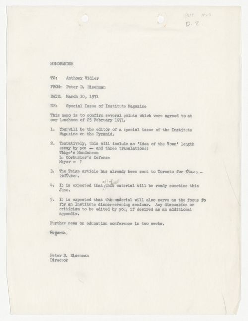 Memorandum from Peter D. Eisenman to Anthony Vidler about special issue of Institute magazine
