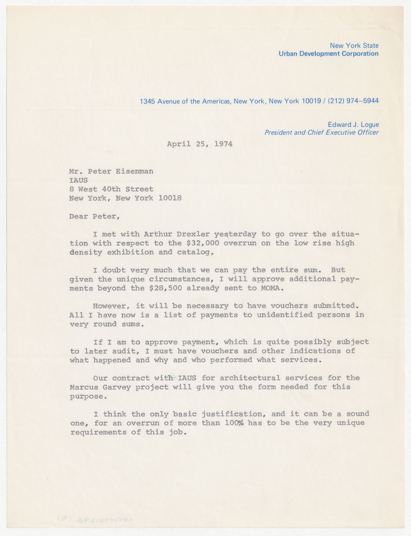 Letter from Edward J. Logue to Peter D. Eisenman about Low-Rise High-Density (LRHD) exhibition and catalog