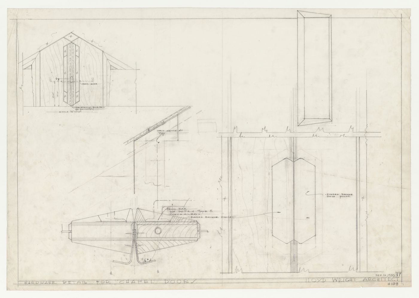 Wayfarers' Chapel, Palos Verdes, California: Elevation for chapel doors and detail drawings for door hardware