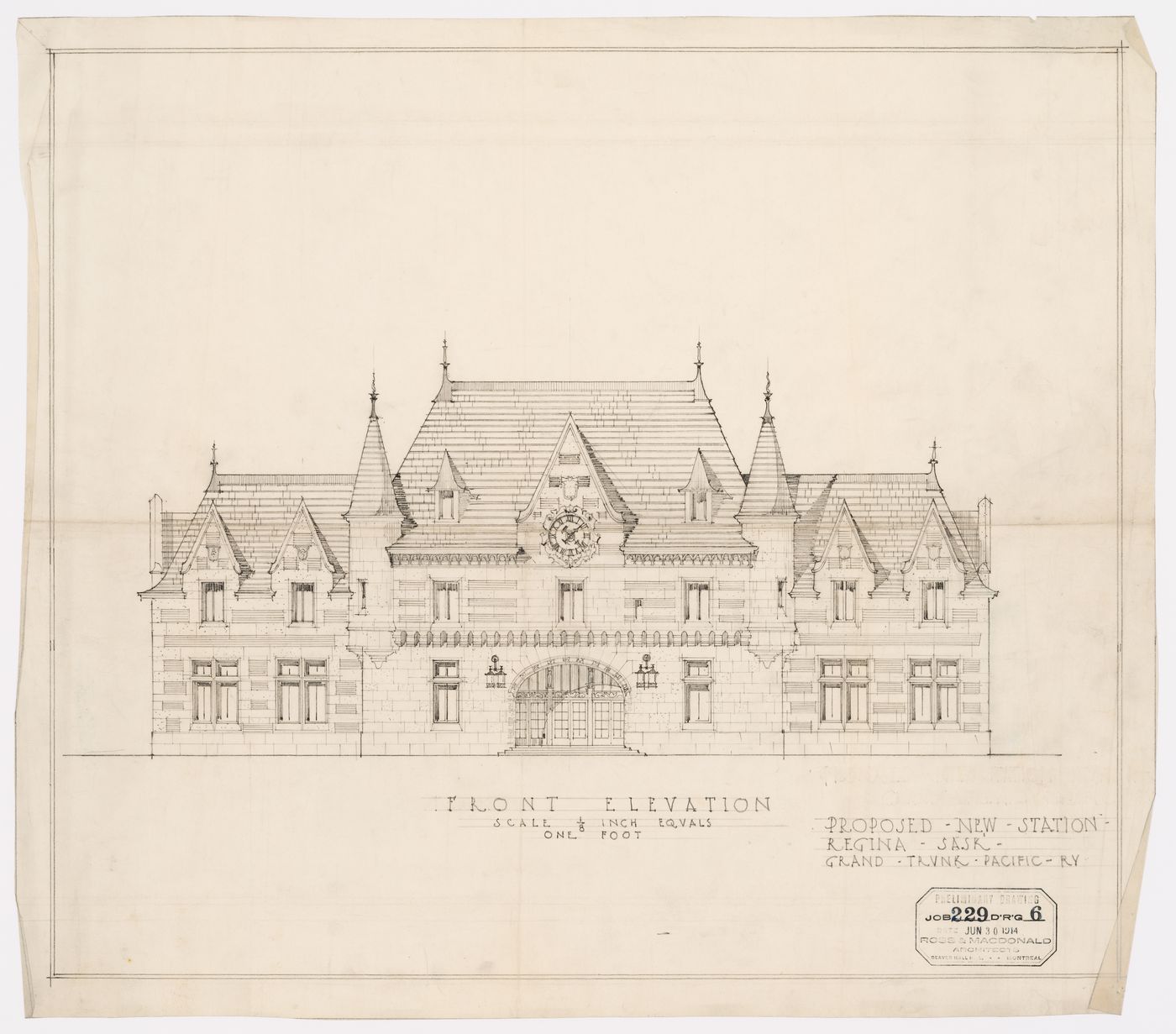 Proposal for Regina Railroad Station, Saskatchewan: front elevation