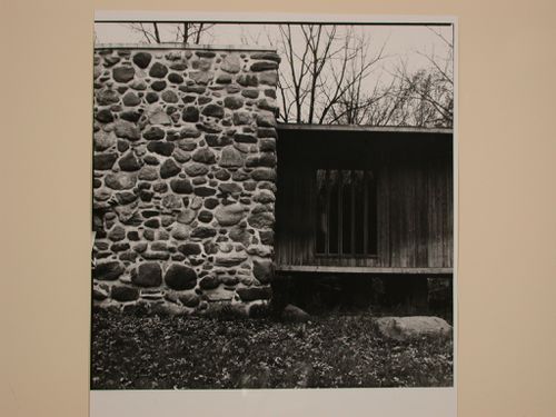 Partial view of the Alfred Caldwell Studio showing the stone chimney and the porch, Bristol, Wisconsin