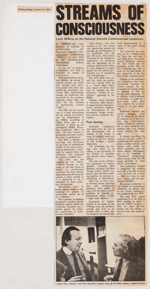 Clipping of an article by Louis Wilkins entitled "Streams of Consciousness", from an issue of the periodical "Building design" dated January 11, 1974
