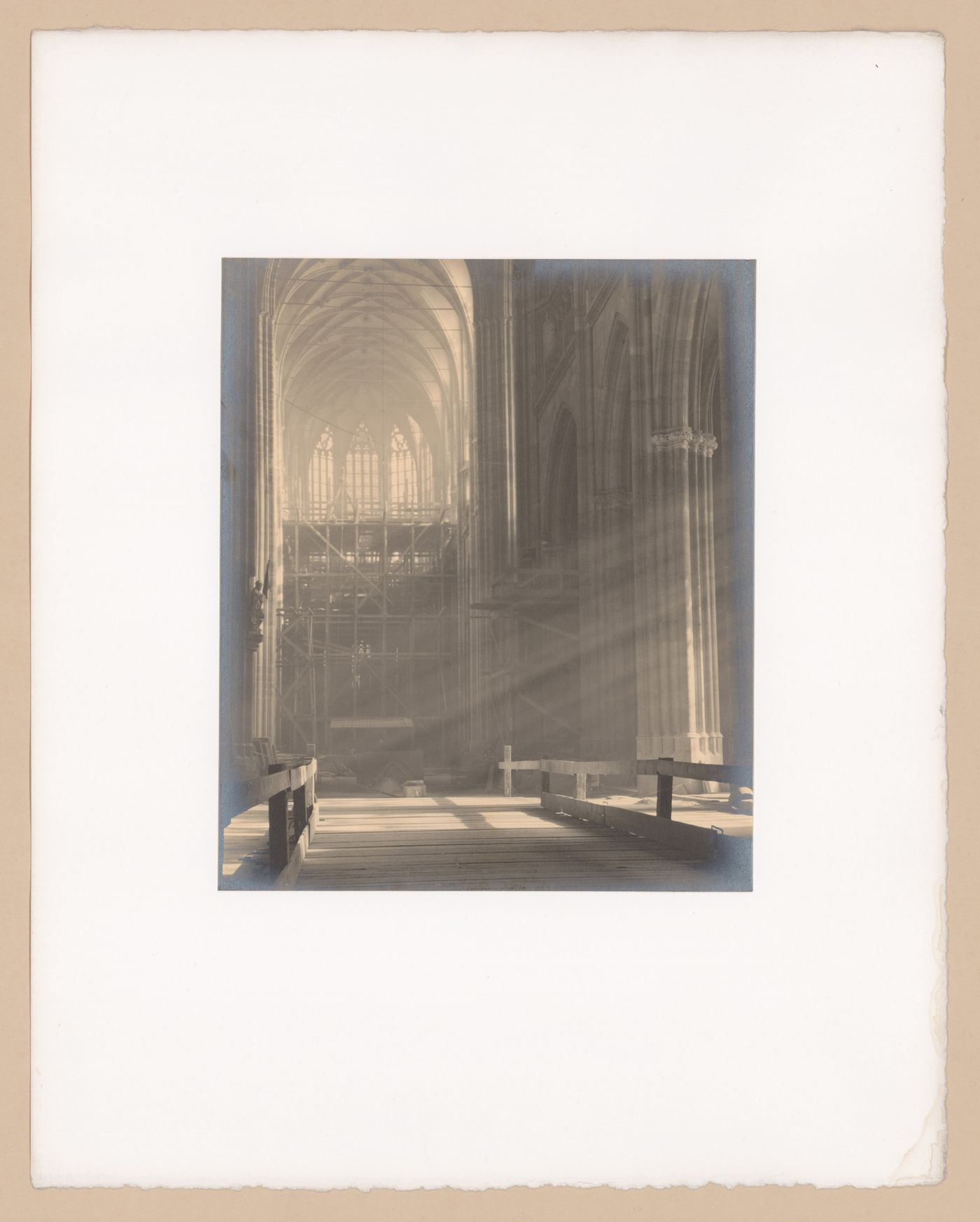 Plate from portfolio ''Svaty Vit (St. Vitus or St. Guy), various interior and exterior views of the cathedral under construction, Prague, Czech Republic''