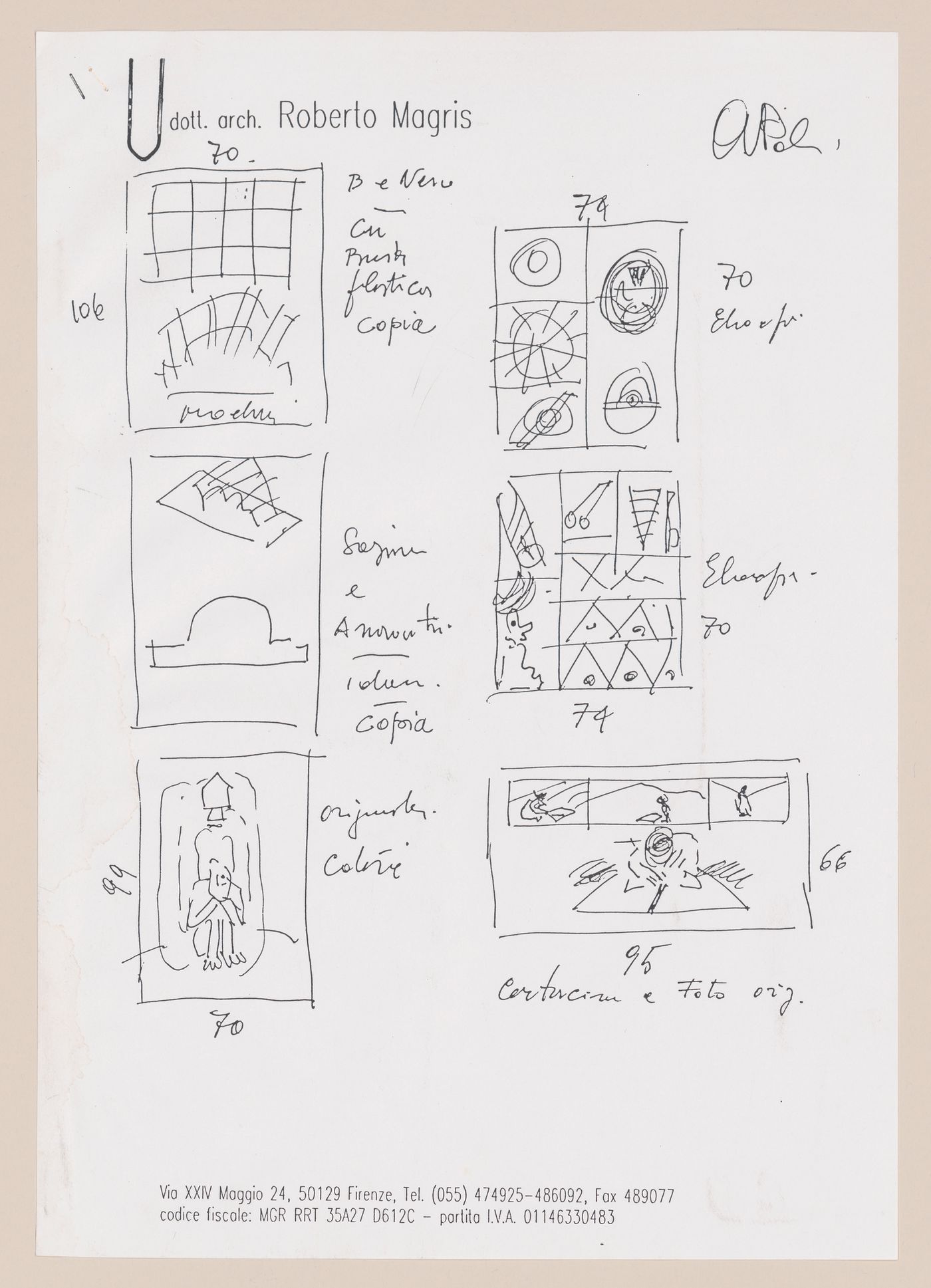 Fax to or from Roberto Magris with vignettes of various projects