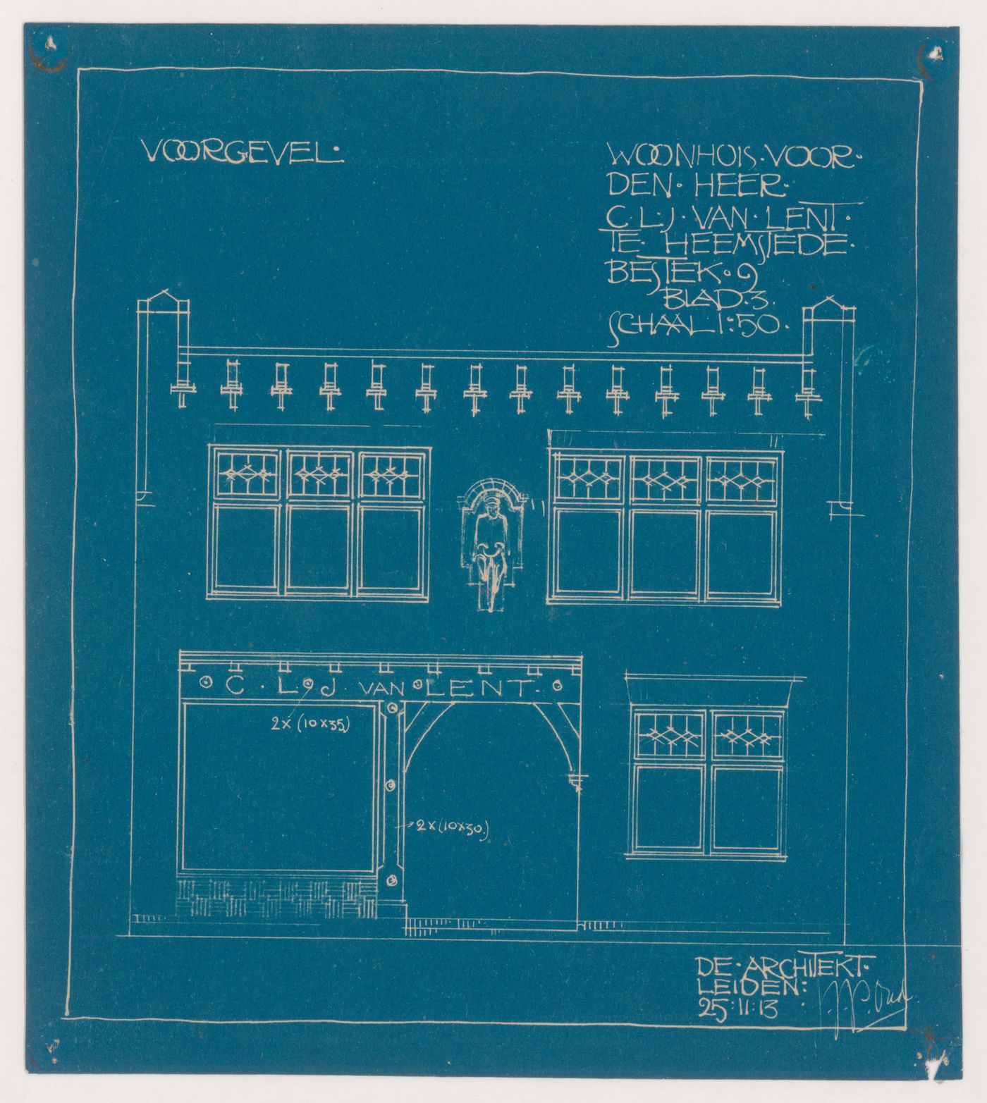 Principal elevation for a motorcycle shop and house for C.L.J. van Lent, Heemstede, Netherlands