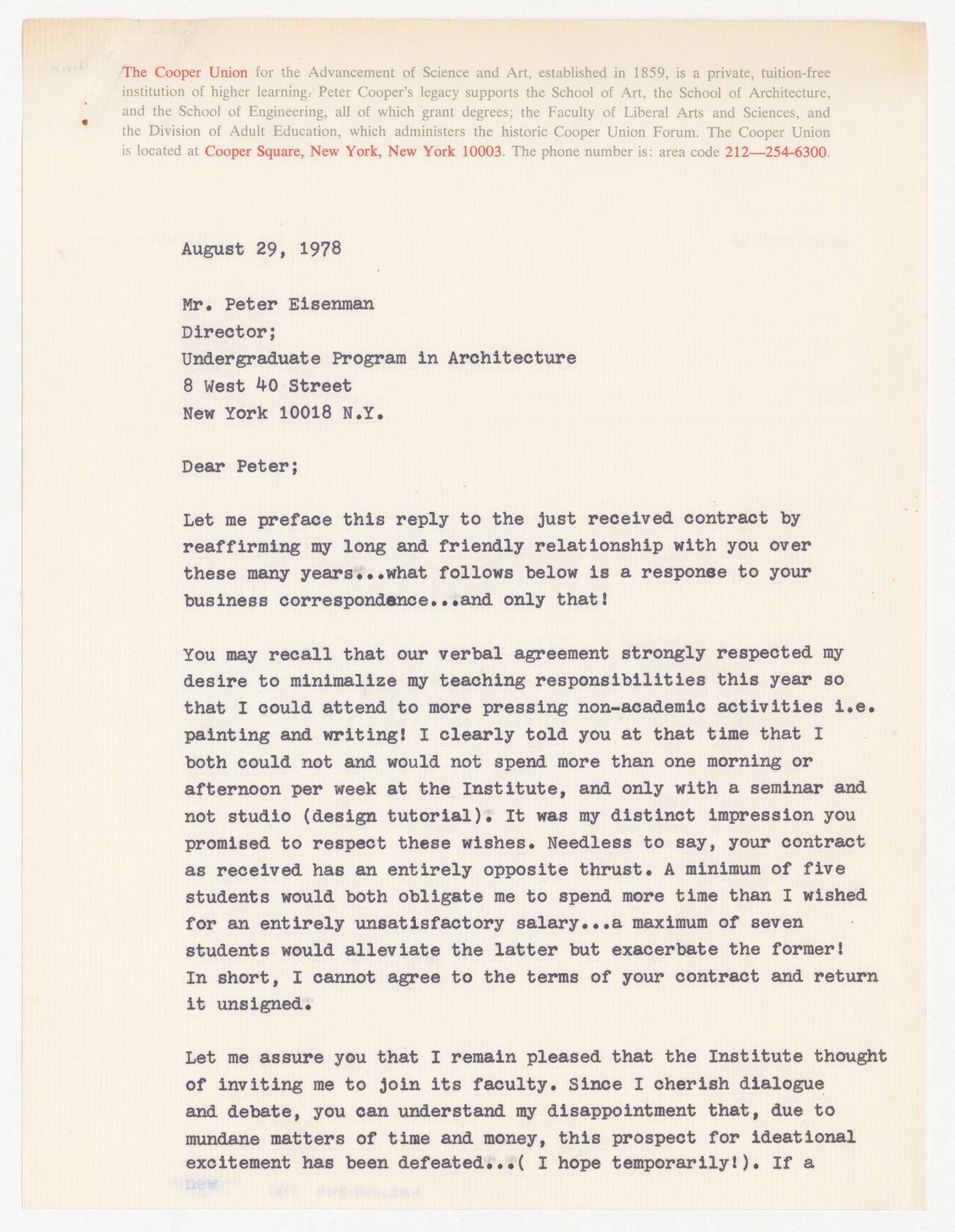 Letter from Robert Slutzky to Peter D. Eisenman about Slutzky's contract for teaching in the Undergraduate Program in Architecture at IAUS