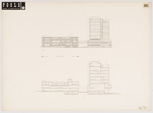 West elevation and section, competition entry for Poole College of Further Education, Poole, England