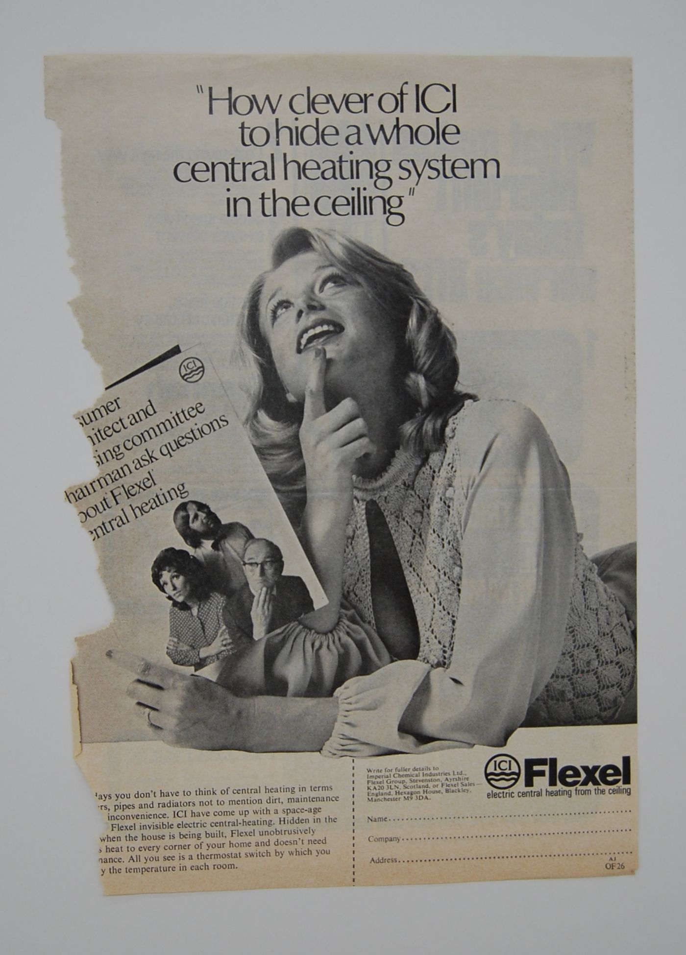 Advertisement for the Flexel electric central heating from the ceiling (published in The Architect's Journal, 27 November 1974)