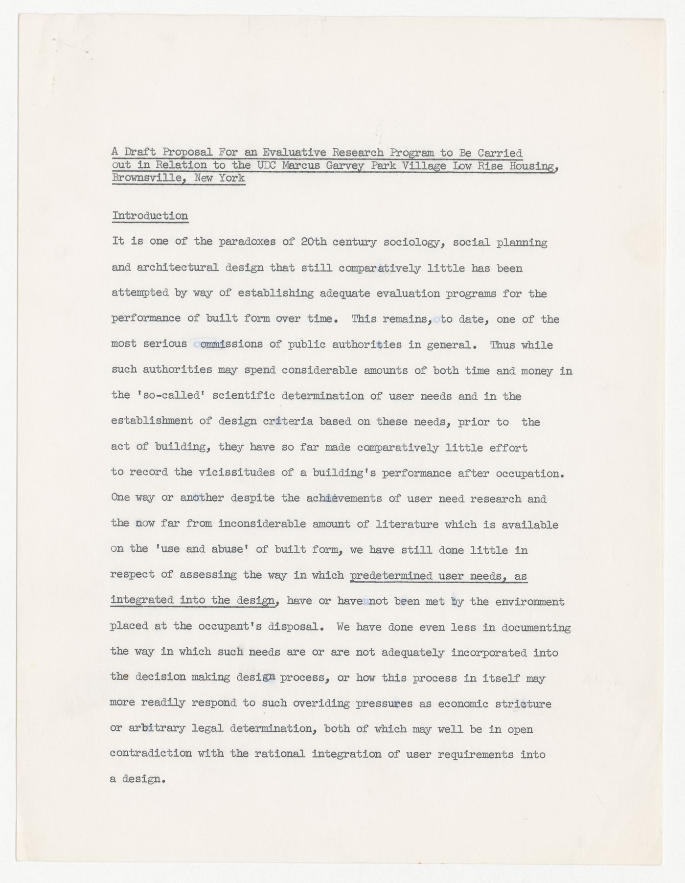 Draft proposal for an evaluative research program to be carried out in relation to the Urban Development Corporation (UDC) Marcus Garvey Park Village Low Rise Housing, Brownsville, New York