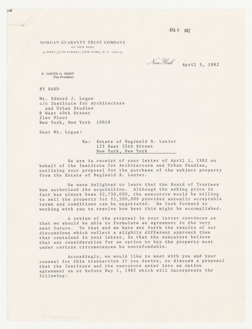 Letter from R. Carter N. Short to Edward J. Logue about the estate of Reginald B. Lanier