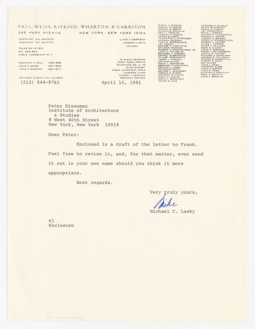 Letter from Michael C. Lasky to Peter D. Eisenman with attached draft letter to Frank Urbanowski about agreement between IAUS and MIT Press to address the cumulative operating deficit for Oppositions Journal for 1977-1980  with annotations by Peter D. Eisenman