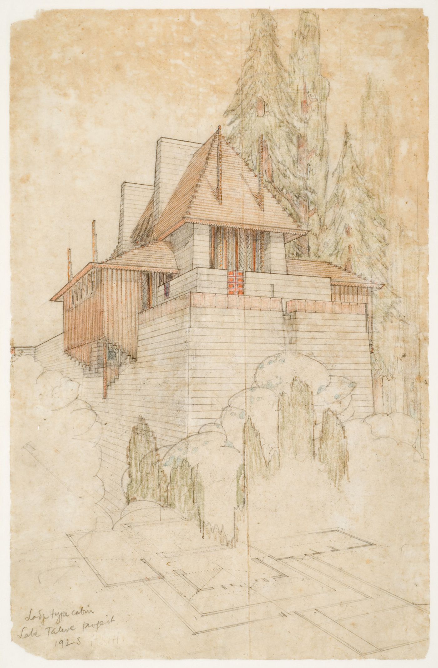 Lake Tahoe Summer Colony, California, Lodge Type Cabin. Perspective and plan