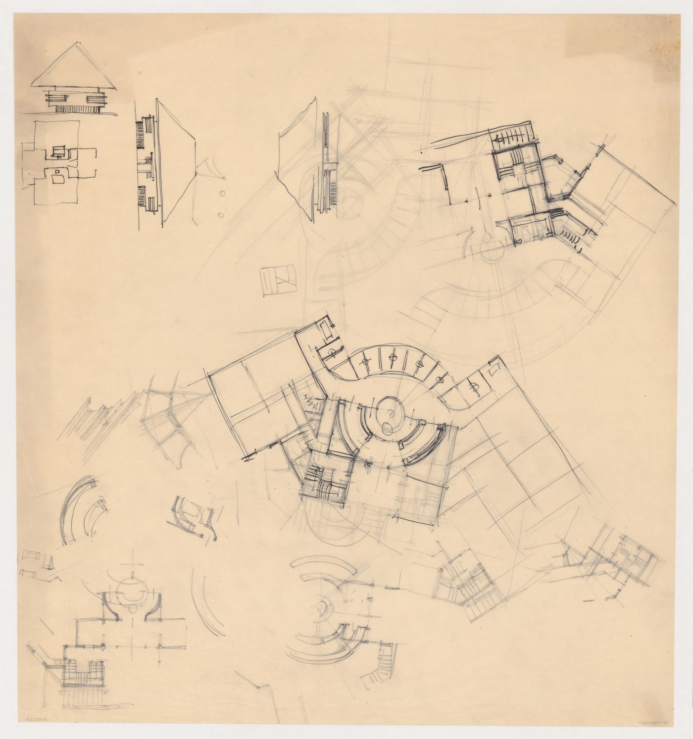 Sketch plan for a city hall for the reconstruction of the Hofplein (city centre), Rotterdam, Netherlands, and sketch plan and elevations for an unidentified structure