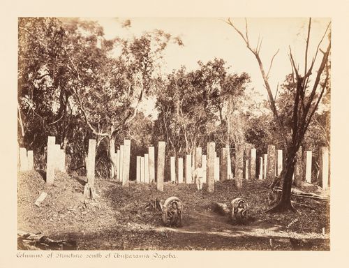 View of columns, south of the Thuparam Dagoba, Anuradhapura, Ceylon (now Sri Lanka)