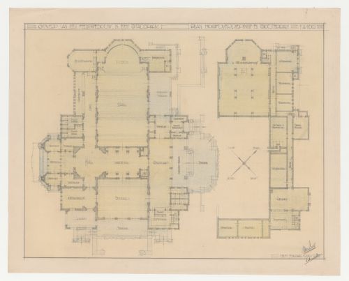 Student presentation drawing showing a basement and main floor plan for a dance hall in a municipal park, Technische Hogeschool Delft, Netherlands