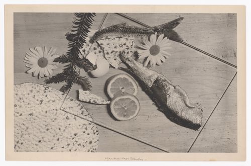 Still life by Walter Peterhans composed of fish skins and tail, matzah, lemon slices, egg shells, daisies, and an evergreen branch on a glass sheet, Bauhaus, Dessau, Germany