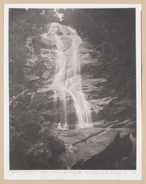 Waterfall scene, two women standing in front, Tijuca Peak [?], Brazil