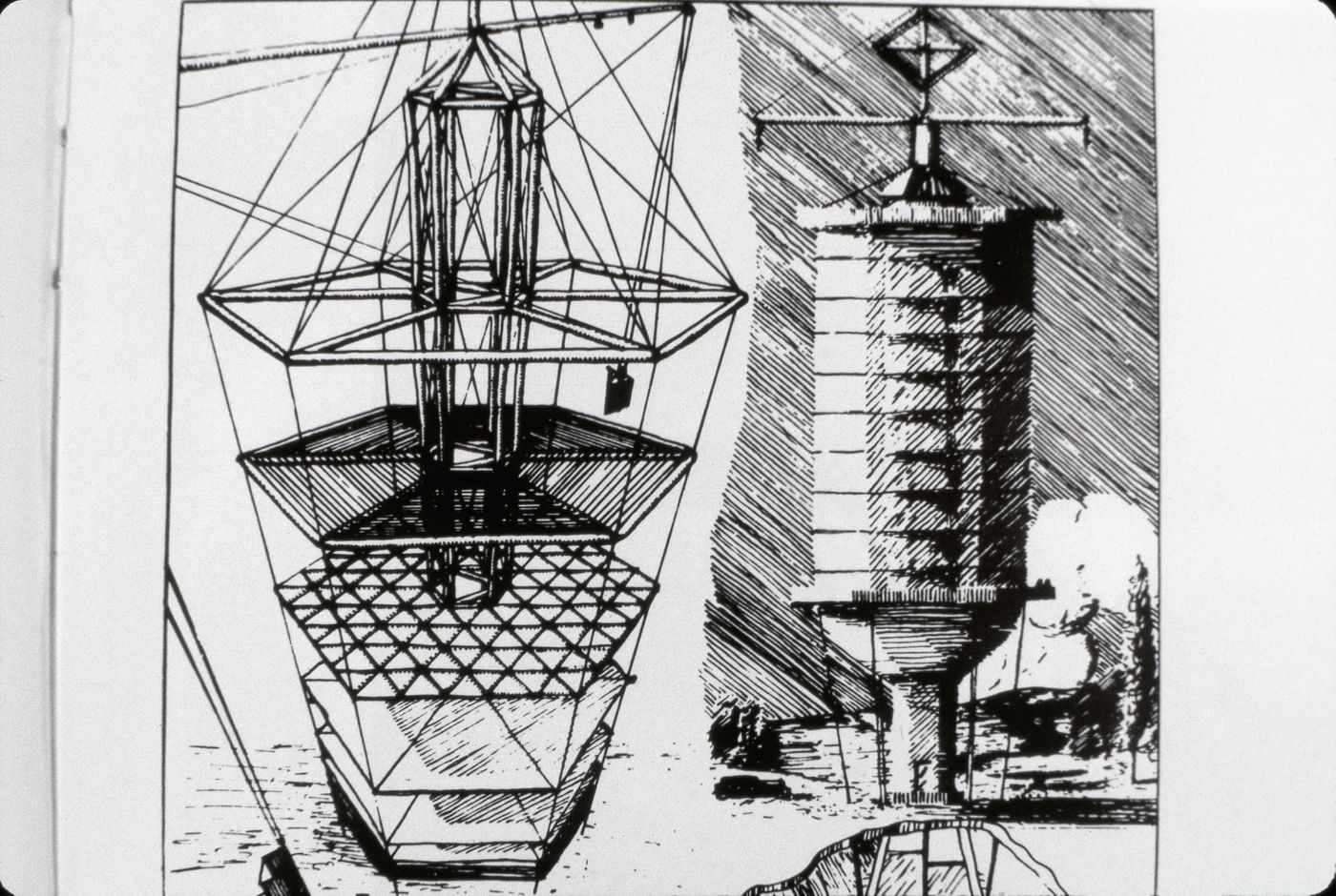 Slide of a drawing for 4D Tower, by Richard Buckminster Fuller