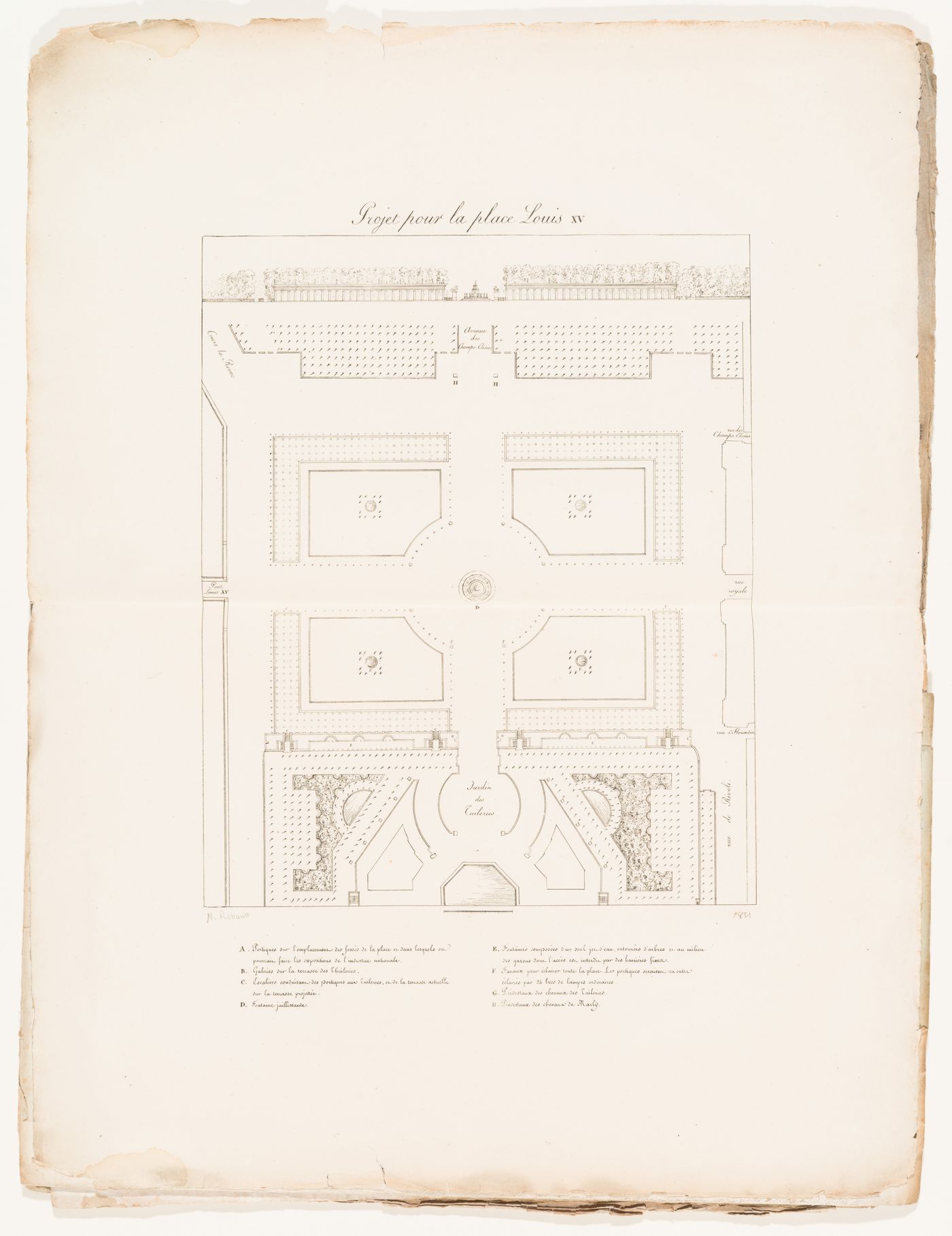 Plan and elevation for place Louis XV with five fountains, freestanding colonnades and loggias