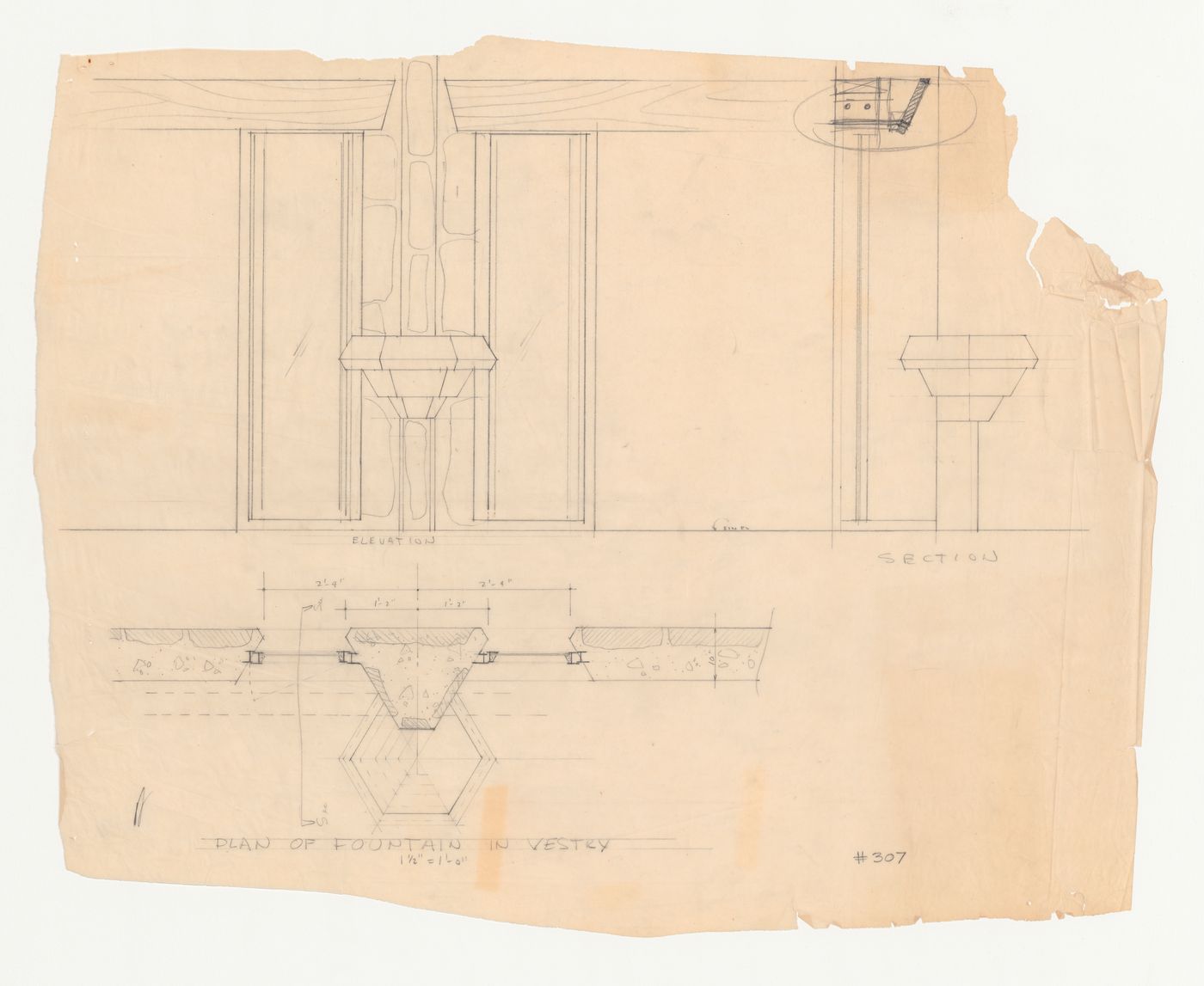 Wayfarers' Chapel, Palos Verdes, California: Plan, elevation and section for the baptismal font