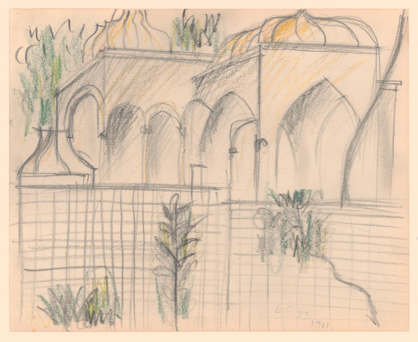 Copy after Le Corbusier, perspective sketch of a domed courtyard, tomb pavilions surrounded by lattice screen, Atikali Pasa mosque,Istanbul