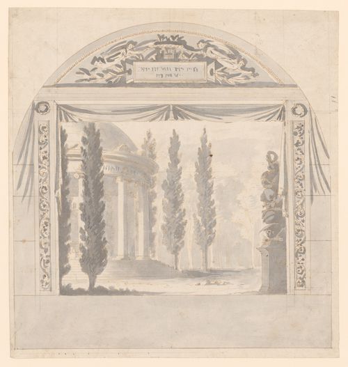 Design for a stage curtain-screen (sipario) with flying angels in an arched pediment above, and a representation of a tempietto in a landscape