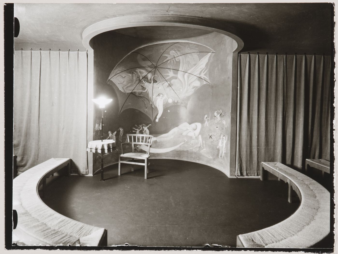 Interior view of the children's storytelling room of Stockholm Public Library showing benches and the fresco designed by Nils Dardel, 51-55 Odengatan, Stockholm