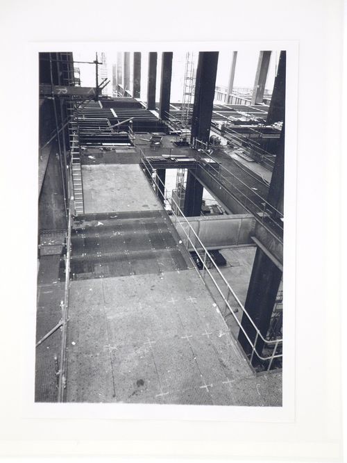 View of construction of steel structure for power station, from interior, United Kingdom