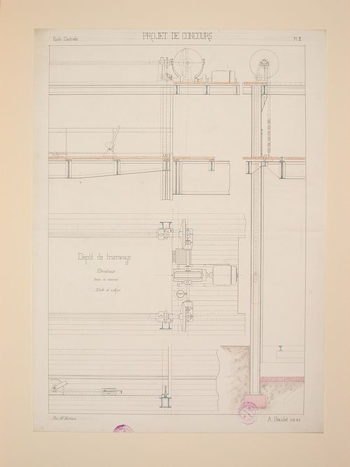Student engineering drawing: details of an elevator mechanism for a tramway depot competition project