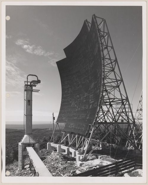 View of BC Tel troposcatter telecommunication system, Trutch Island, British Columbia, Canada