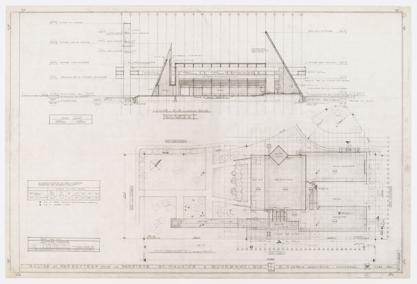 Église et presbytère pour la paroisse Saint-Maurice, Duvernay, Québec: coupe et plan d'implantation