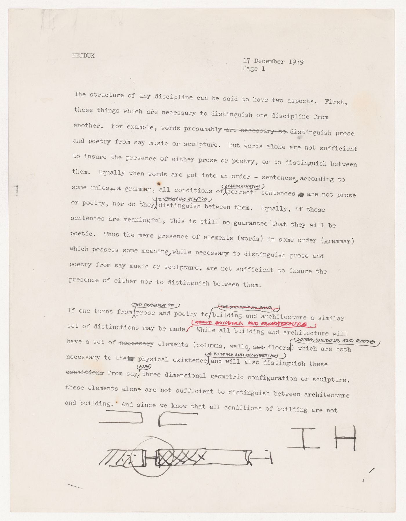 Draft essay with corrections and annotations by John Hejduk (from the project file Exhibition Catalogues)