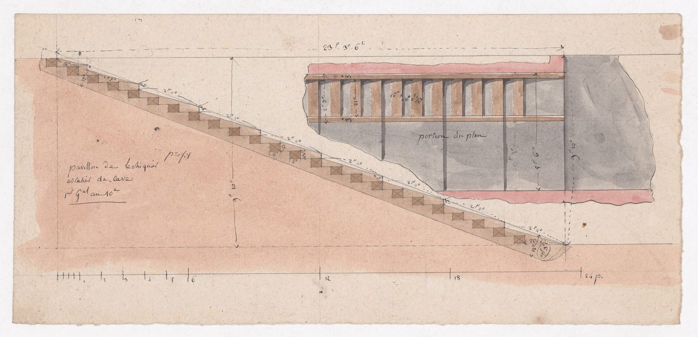 Partial plan and section for stairs for Caves, Marché des Carmes, Paris
