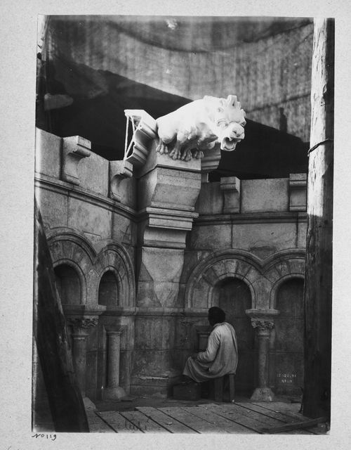 Testing the visual effect of a gargoyle by means of a plaster model (frontal view), Basilica of Sacré-Coeur de Montmartre, Paris, France