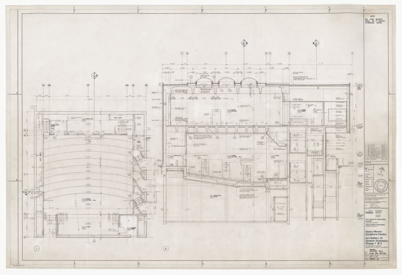 Moore lecture hall plan and section for Henry Moore Sculpture Centre, Art Gallery of Ontario, Stage I Expansion, Toronto