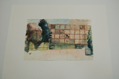 Watercolour sketch showing elevation of “Monument to Construction Workers” for Cloud Park, formerly Bay Adelaide, Toronto