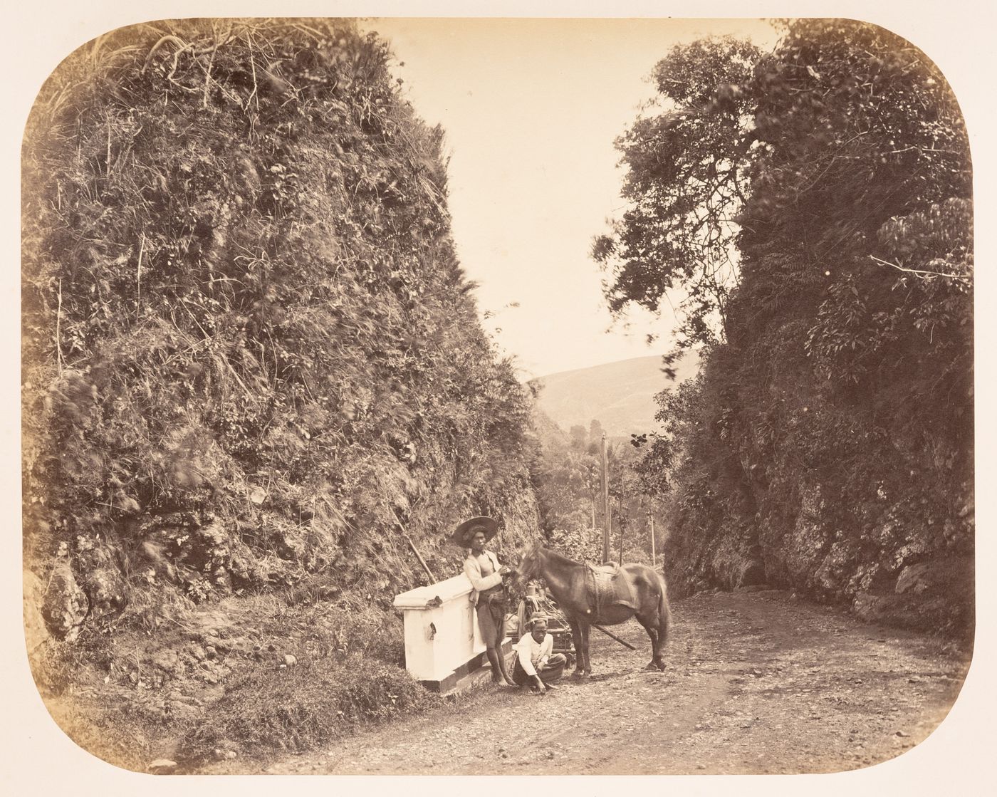 Portrait of bearers with a horse on a road, near Soemedang (now Sumedang), Dutch East Indies (now Indonesia)