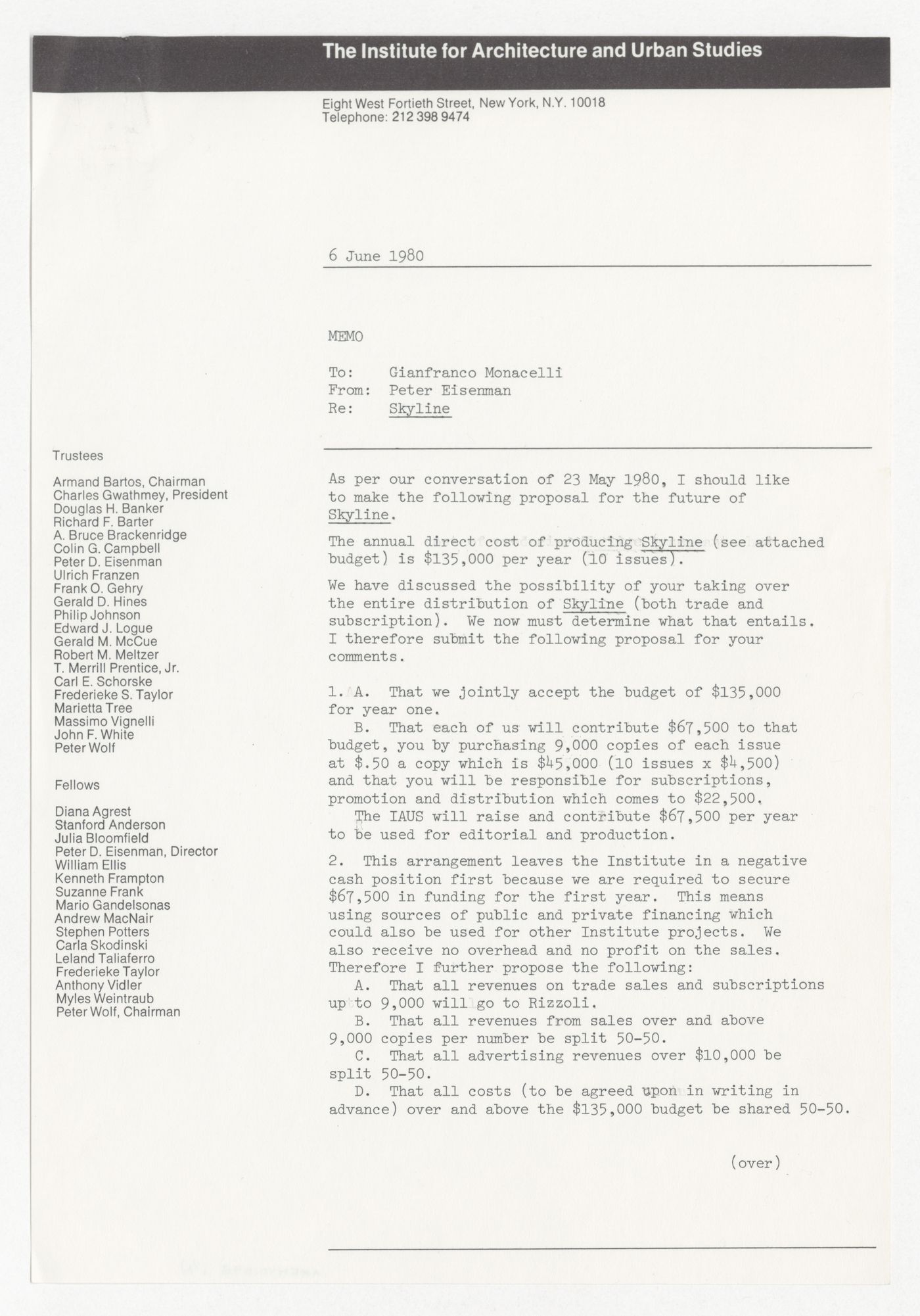 Memorandum from Peter D. Eisenman to Gianfranco Monacelli about a proposal for the future of Skyline