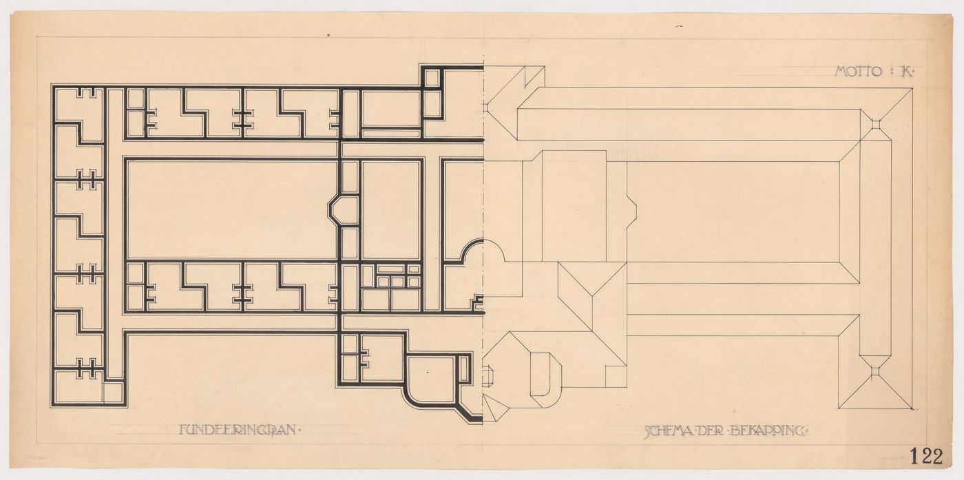 Competition drawing showing a partial foundation plan and partial roof plan for a retirement home, Hilversum, Netherlands