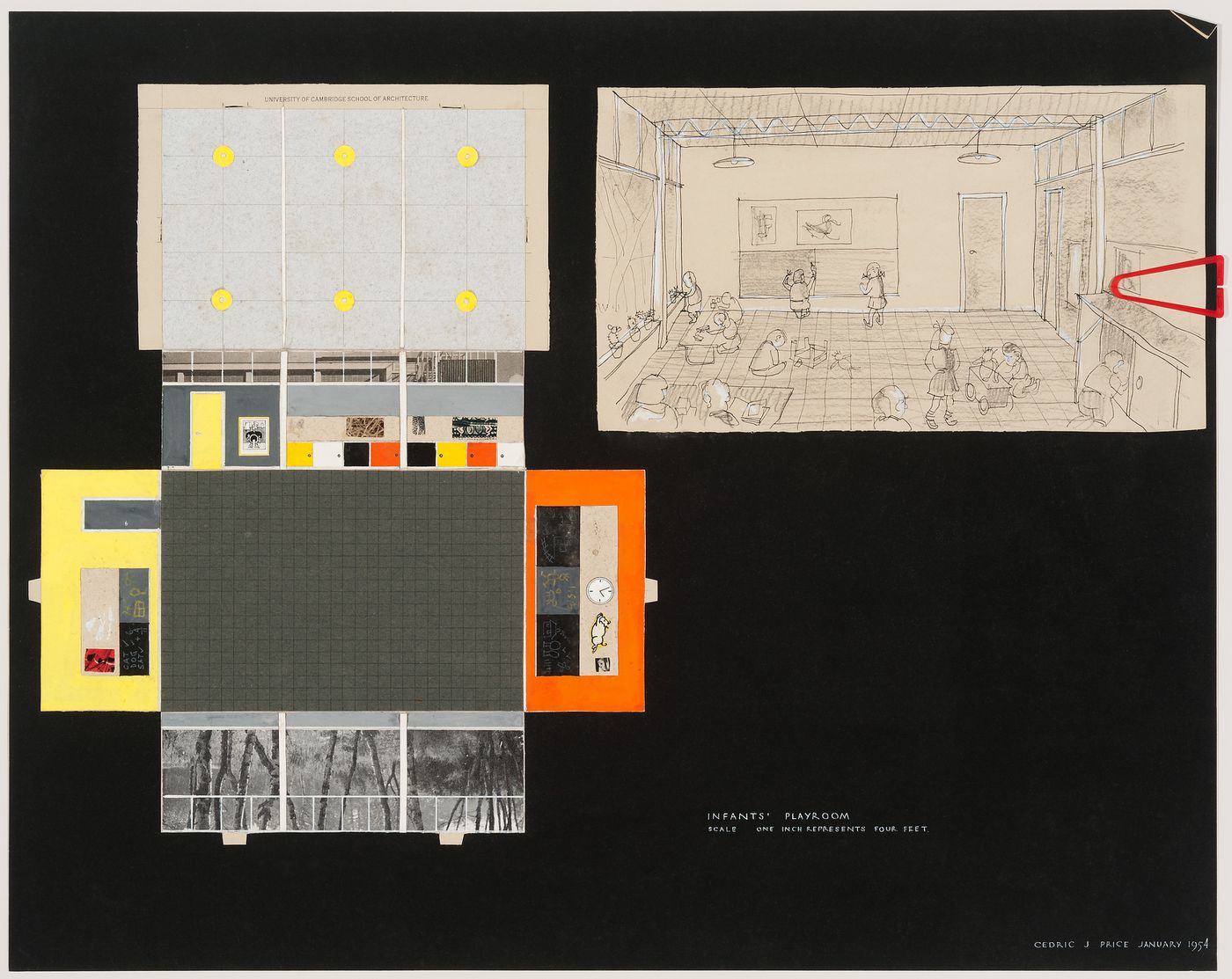 Student project for an infants' playroom: interior perspective and cut-and-assemble model