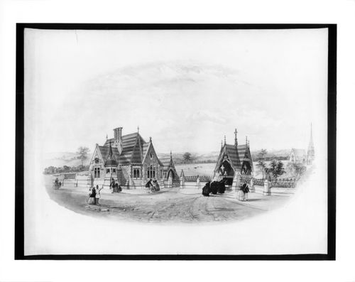 Perspective of cemetery entrance, small chapel