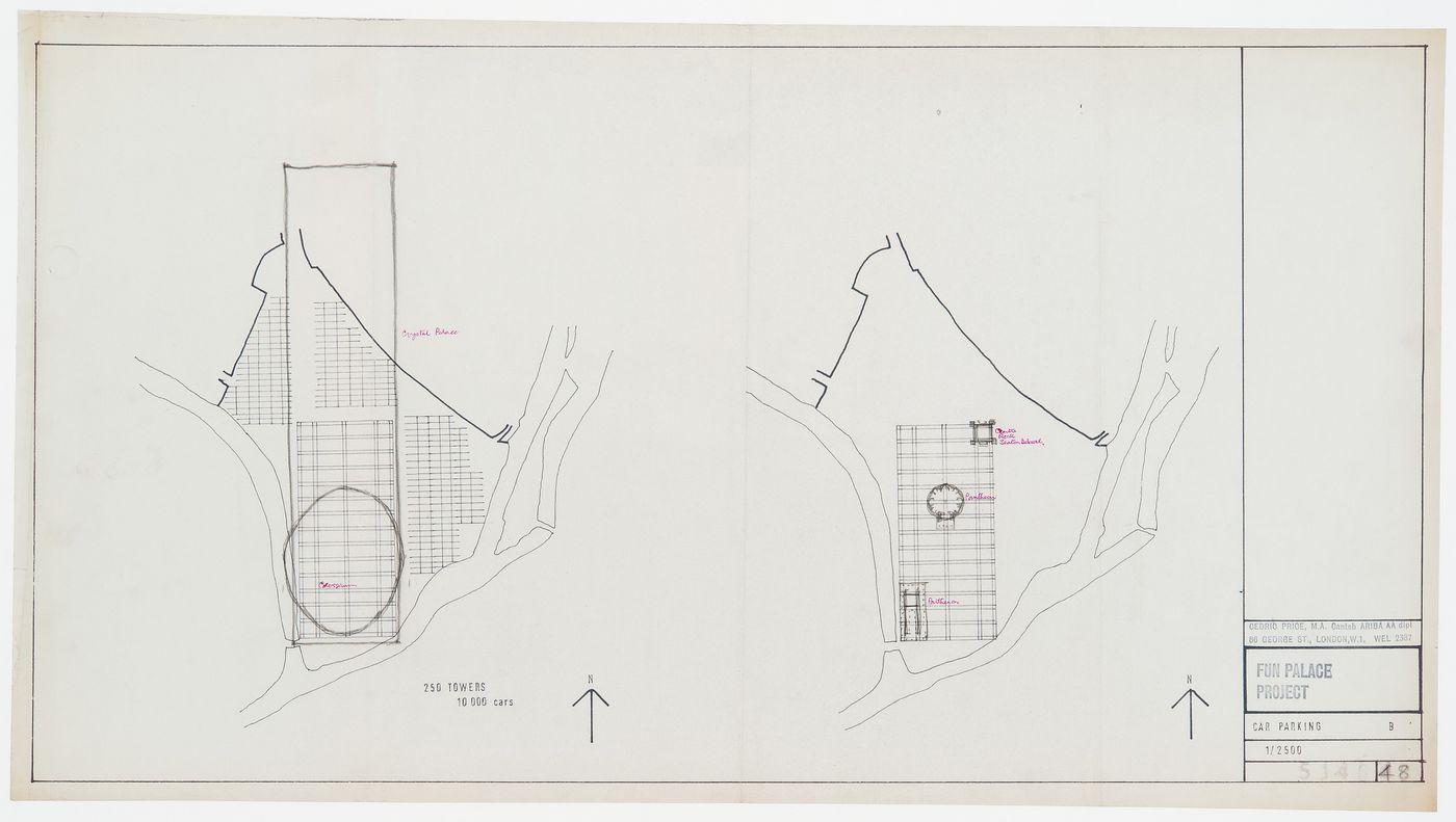 Fun Palace: plan for parking at Mill Meads site showing footprint of Fun Palace compared with footprints of other historic buildings